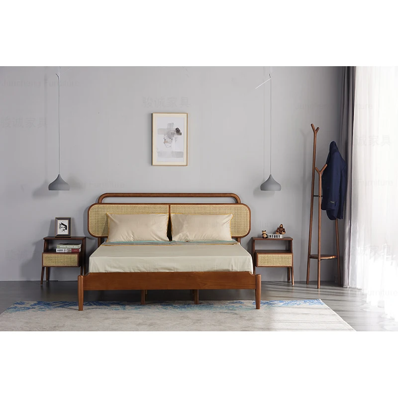 Wholesale Hotel Bedroom Solid Wood Bed Frame Modern Furniture Double Wooden Woven Rattan Cane Beds
