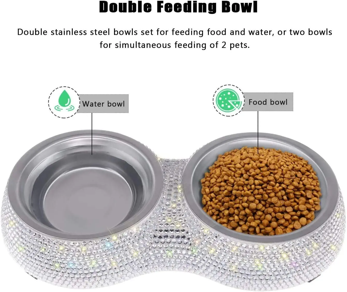 Diamond Style Small Dog Bowls Pet Bowls Double Food Water Feeder Pink, Handmade Bling Rhinestones Stainless Steel 1 Pc Rounded