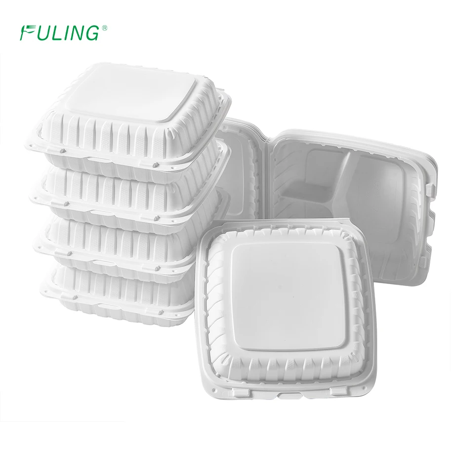 FULING To Go Containers 3 Compartment Clamshell Food Containers 9 Inch Plastic Microwave White To Go Boxes with Hinged Lids