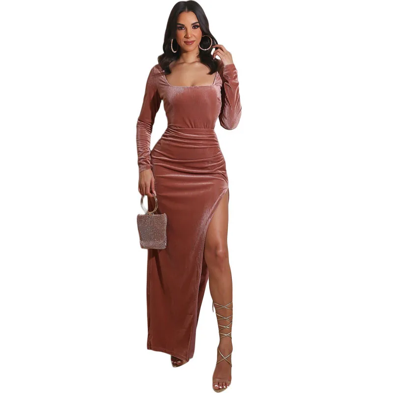 Feeling Fall Velvet Plus Size 2XL Office Lady Long Sleeve Square Collar Sexy Slit Pleated Casual Dresses