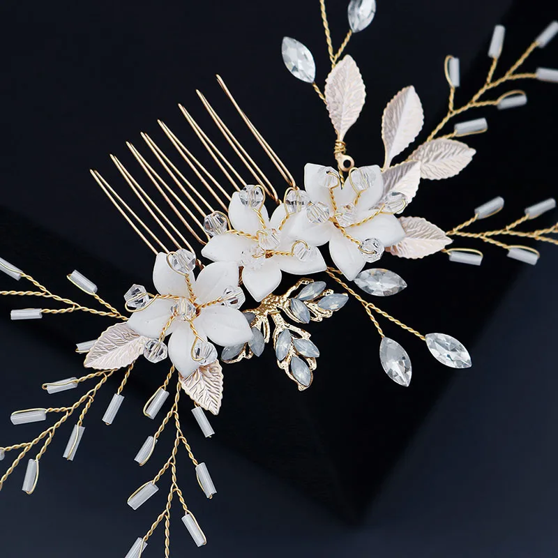 SLBRIDAL Handmade Rhinestones Alloy Ceram Flower Opal Crystal Bridal Hair Comb Hair Pin Set Wedding Hair Accessory Women Jewelry