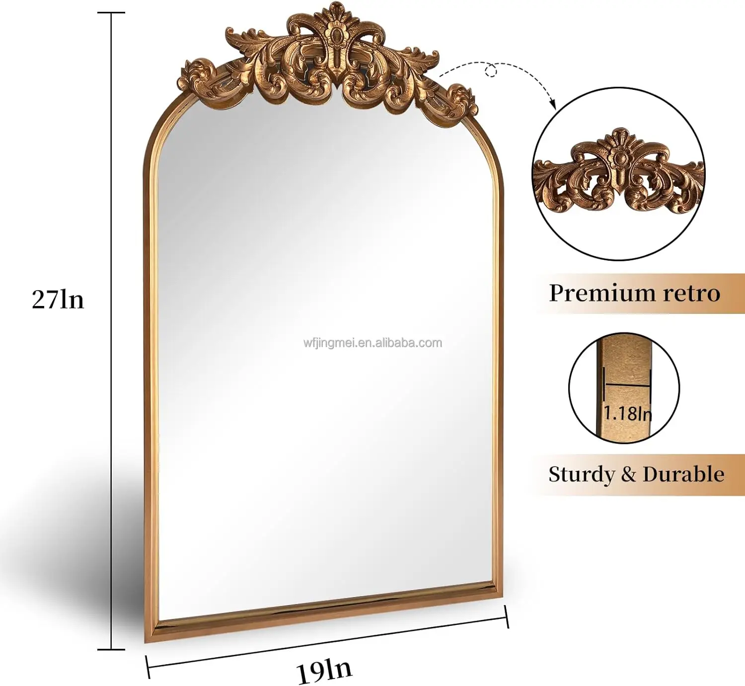 Gold Traditional Arched Mirror, Antique Brass Mirror, Vintage Ornate Baroque Mirror, Carved Mantel Mirrors for Bathroom