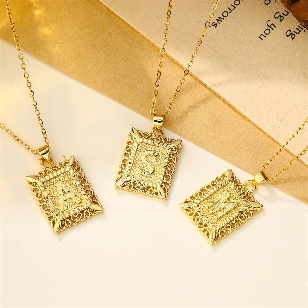Wholesale 26 letter hollow letter square plate 18k gold plated stainless steel initials pendant necklace