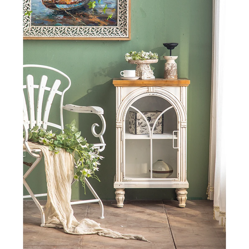 Accent French Furniture Light Simple White Living Room Modern Retro Arched Oak Storage Cabinet With Glass Door