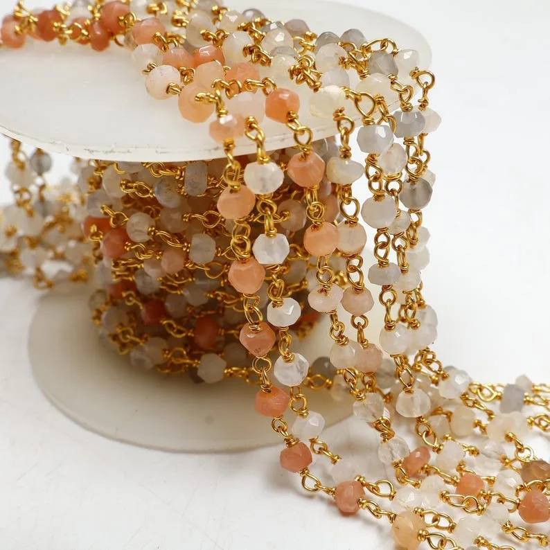 Feet Roll Bulk, Gold Overlay Multi Moonstone Faceted Round Beads Rosary Chain Beaded Jewelry Making Finding Wire Wrapped Chain