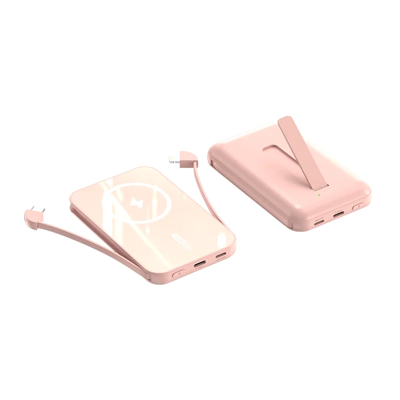 5000mAh mini power bank with wireless charger function magnetic power charger custom logo with cable power station for phone