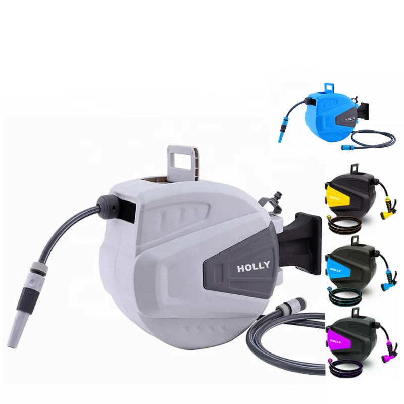 180 Horizontal Rotate Wall Mount Rewind Hose Reel Prevent Distortion Quick Connector 20M Automatic Lock at any Length Hose Reel