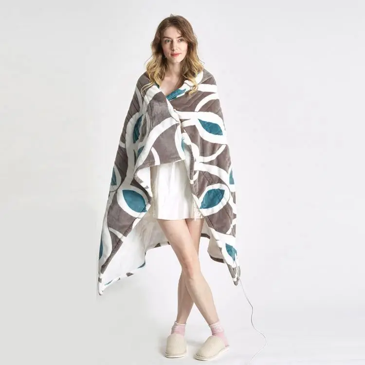 Custom Printing Grey and Green Portable flannel heated electric throw blanket