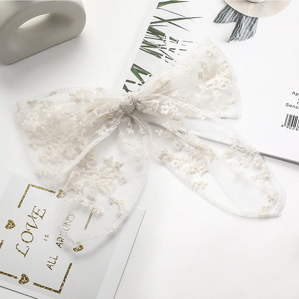Ultra Light Lace Bow Barrette Custom White Black Color Big Bow Hair Ties Exquisite Lace Elastic Hair Band Hair Clips for Girls