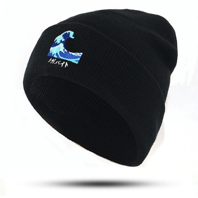 Japanese style ocean Wave embroidery beanie hat cotton flexible soft pure fashion knitted hats new men women hip hop cap winter