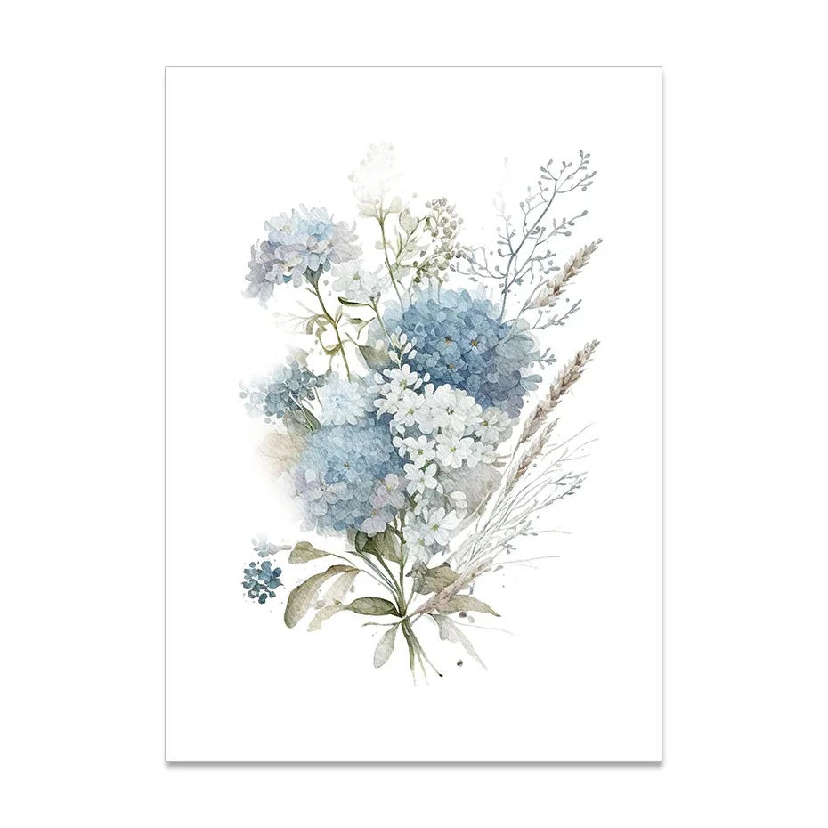 Modern style Home Decoration Watercolor Blue Mix Flowers Leaves Botanical Posters Picture Canvas Print Painting Art with Frame