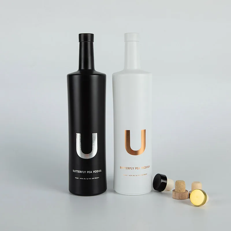 Unique flat shoulder glass spirits bottle custom white black liquor spirits glass bottle for vodka gin whiskey