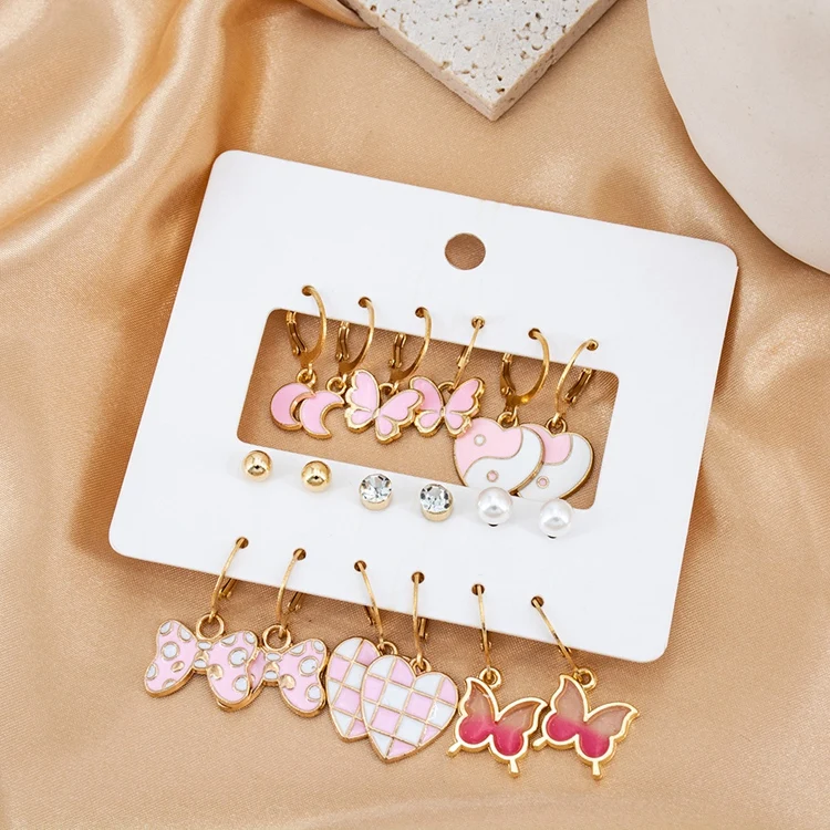 MSI-12 Wholesale Fashion Earrings Women Ear Jewelry Kit Pearl Alloy Knot Pink Heart Butterfly Moon Crystal 12 Pairs Earring Set