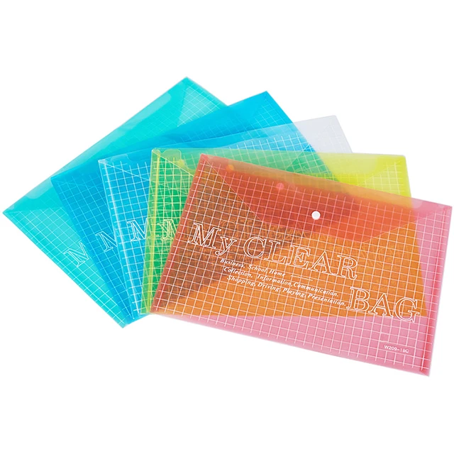 Wholesale Custom colorful A4 Plastic OEM PP file bag transparent button Office Supplies Bag Letter Envelopes Document Folders