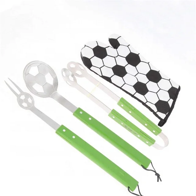 BQ-0007 Popular Apron 4-Piece Soccer Football Design Barbeque Tool Set