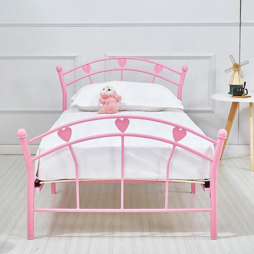 Home Bedroom Girls Twin Metal Bed with Pink Heart Motifs