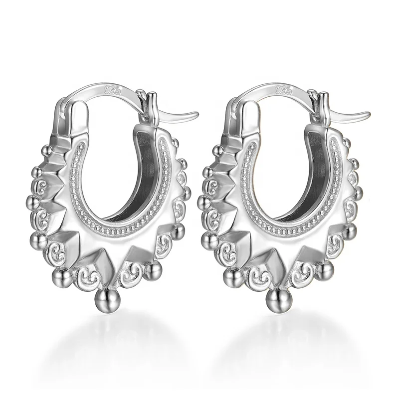JCA 925 Sterling Silver Floral Petal Snap Hook Closure Tribal Boho Hoop Earrings