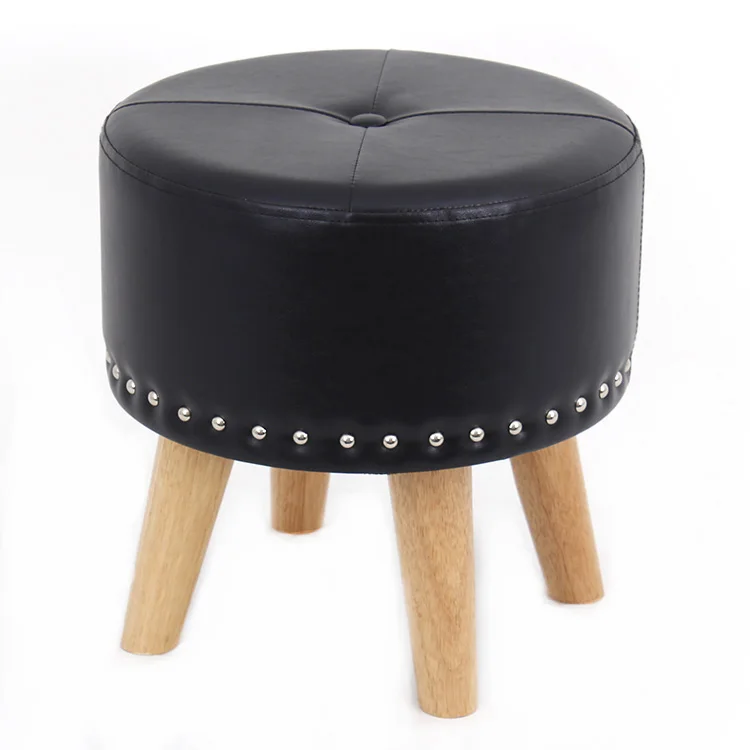 Customized black faux leather round stool ottoman with wooden legs for living room