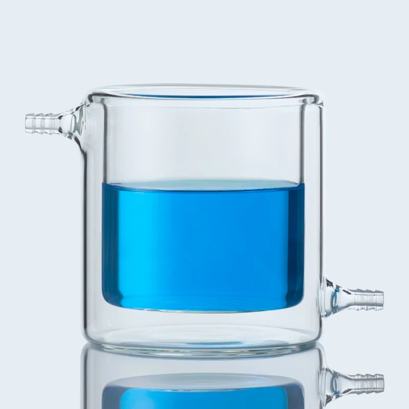 Laboratory High Borosilicate 3.3 Glass double dual layer wall Jacketed reaction measuring cup beaker with scale