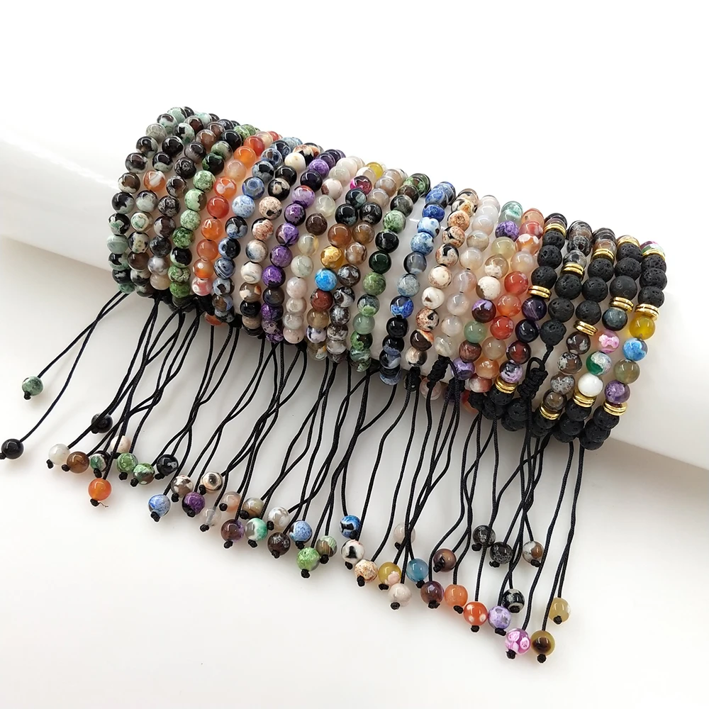 Fashion 6mm Natural Stone Elastic Beaded Bracelet Colored Fire Agate Lava Stone Woven Bracelet For Women Men