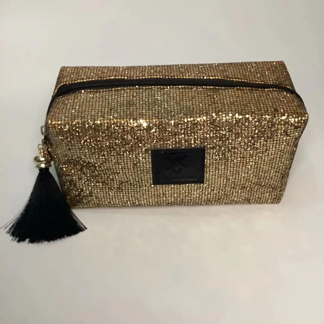 Luxury personalized custom tassel glitter sequins PET zipper cosmetic makeup bag for women