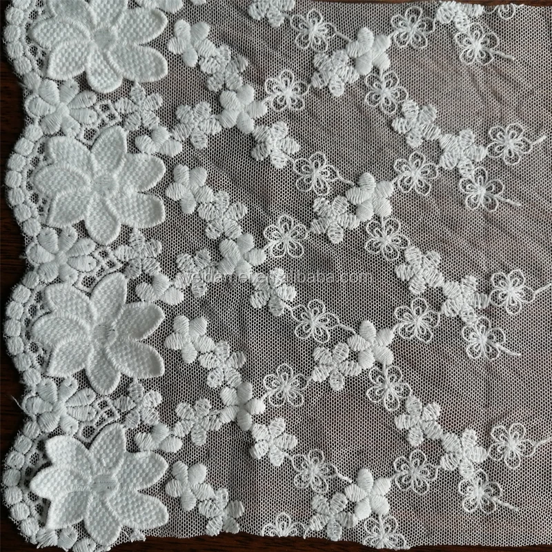 White Embroidered Mesh Lace Trim 3D Flower Voile Lace Trimming Embroidery Tulle 3D Lace Trim for Sale