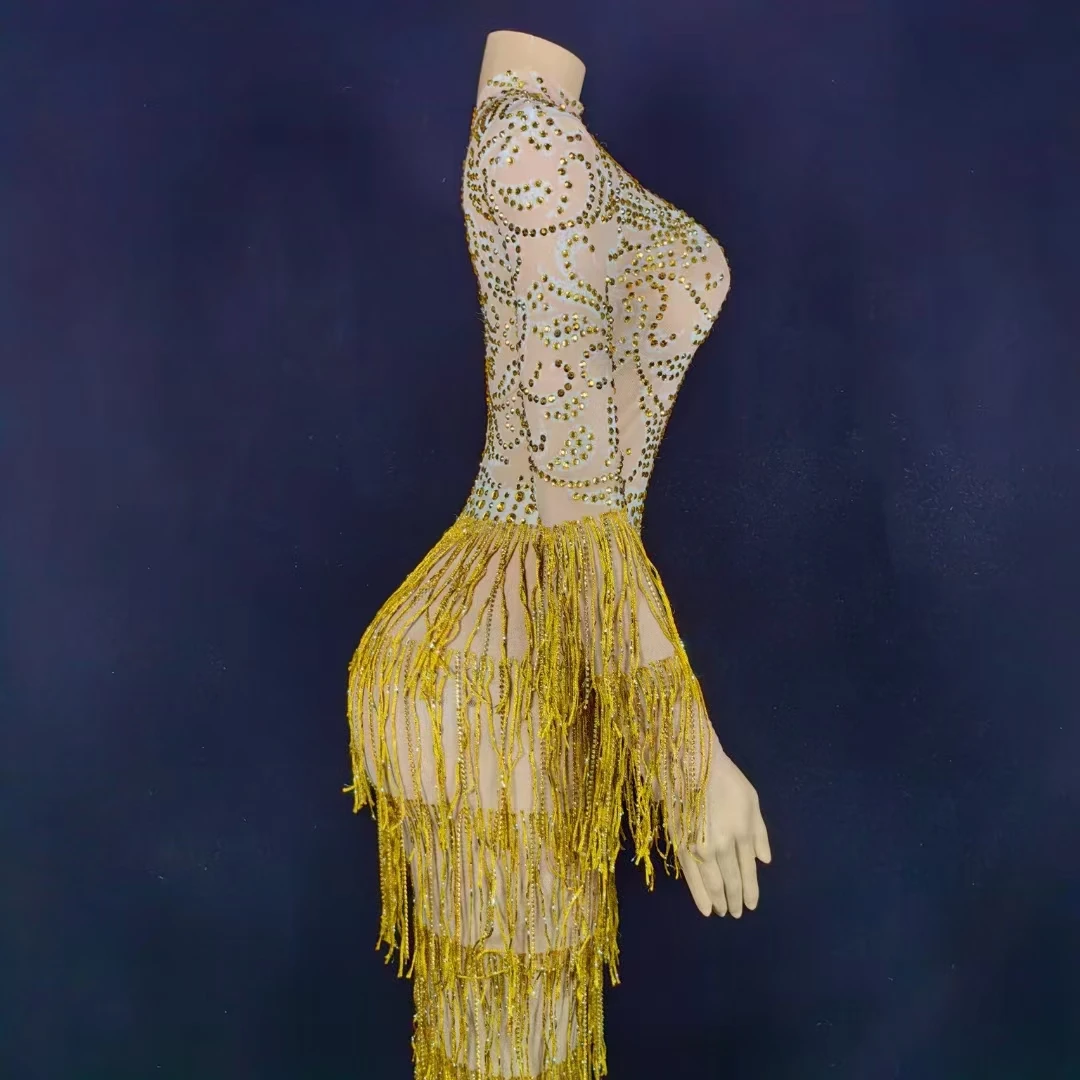 Elegant New Ball Gown Diamond Fringe Long Sexy Chiffon Sheer Dress Rhinestones Beading Feathers Parties Plus Size Maxi Length