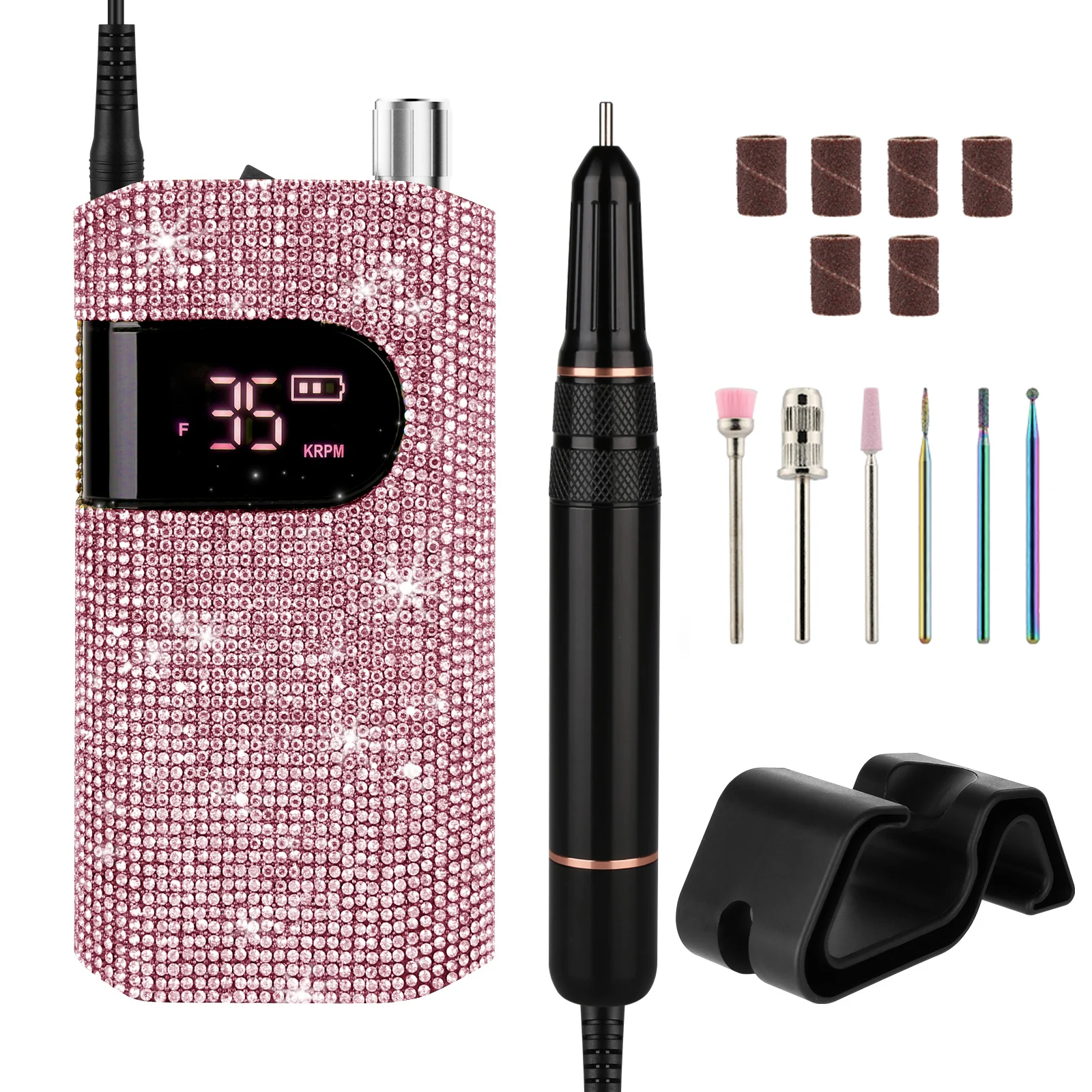 CE & ROHS Certificated Crystal Pink Rhinestone 35000rpm Brushless Cordless Portable Electric Nail Drill