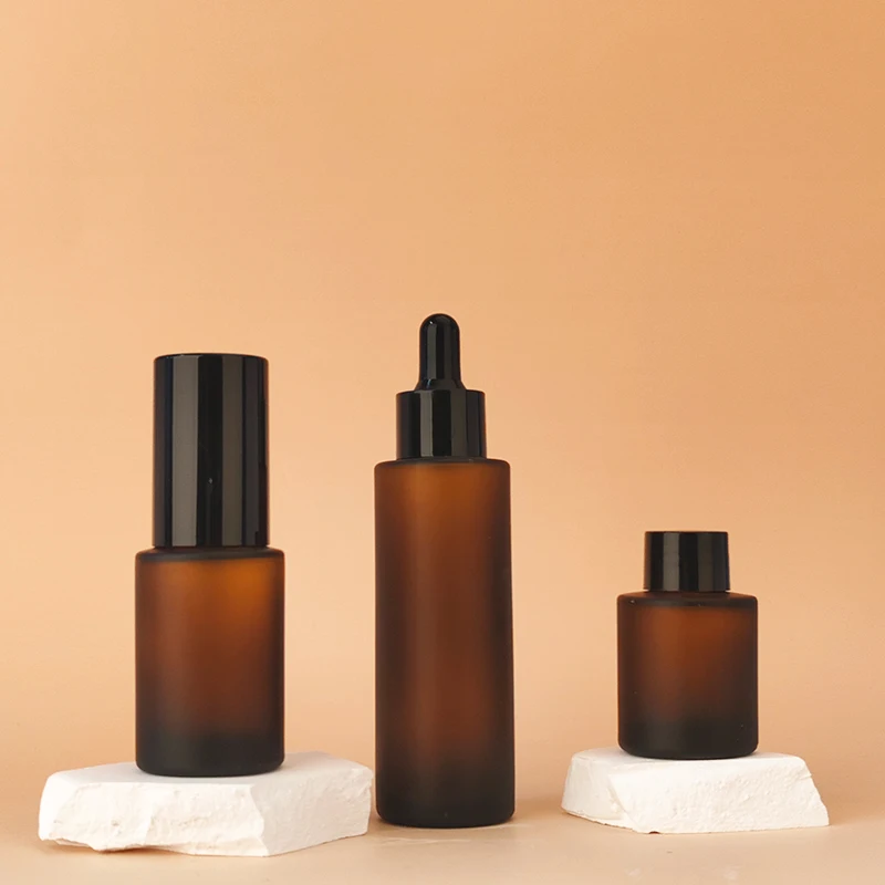 20ml 30ml 40ml 60ml Frosted Amber Glass Essential Oil Dropper Glass Bottle Flat shoulder Hair Oil Cylinder Glass Dropper Bottle