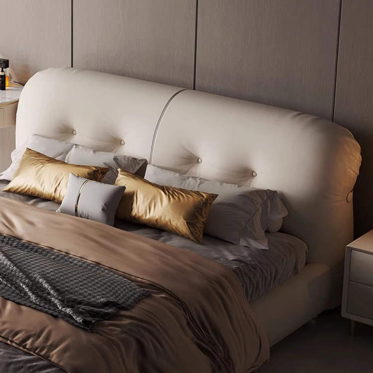 Designer High-End Luxury Modern Minimalist Genuine Leather Bed  Up-Holstered Large Bed for Bedroom Furniture