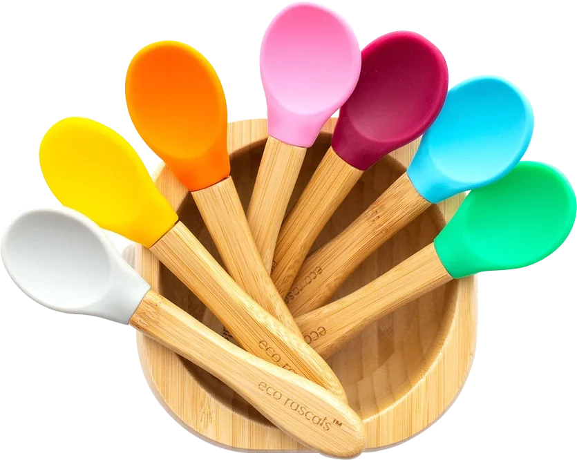 Silicone Baby Feeding Soup Spoon For Kids With Wood Handle
