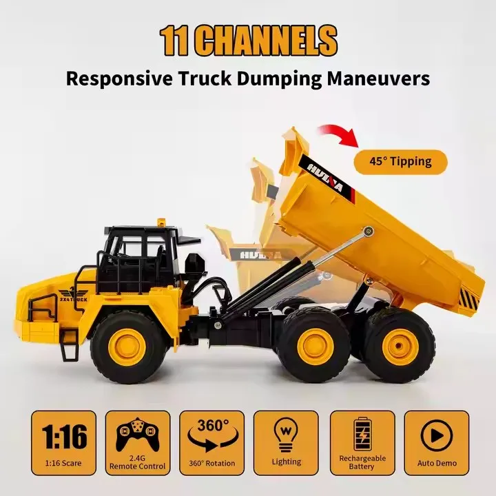 2024 New 1/16 Scale Huina 1553 Dump Truck Model RC Car Vehicle Toys for Boy Gift US Stocks Remote Control Dump Truck