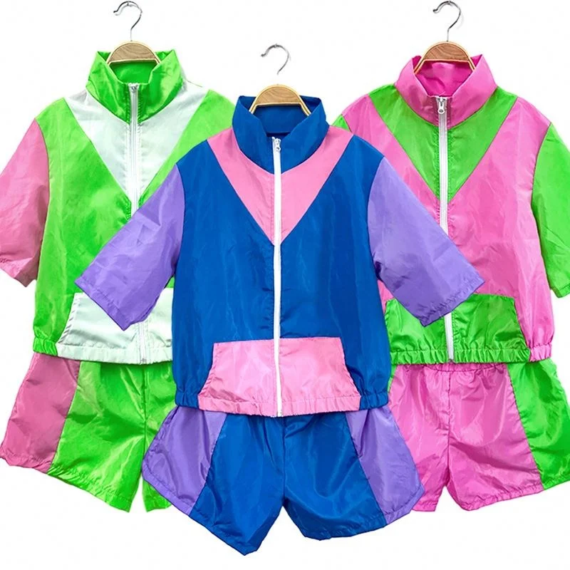 70s 80s Disco Hippie Training Suit Fashion Color Blocking Jacket Shorts Full Set Hip-hop Disco Cosplay Costume Halloween Party