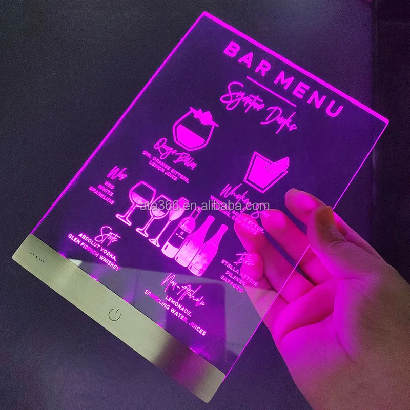 10 Custom LED Type C Recharged battery LED Music Acrylic Restaurant Menu LED Bar Menu with Gift box Neon Restaurant Menu Display
