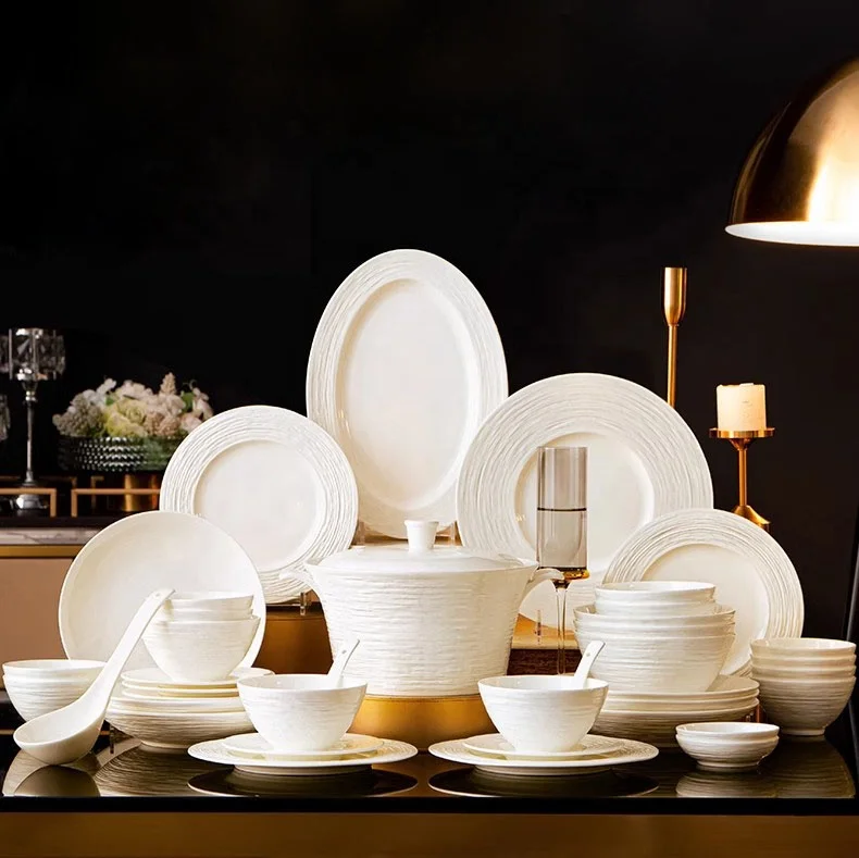 Light luxury pure white bone porcelain bowl and plate set high-end ceramic tableware for household use
