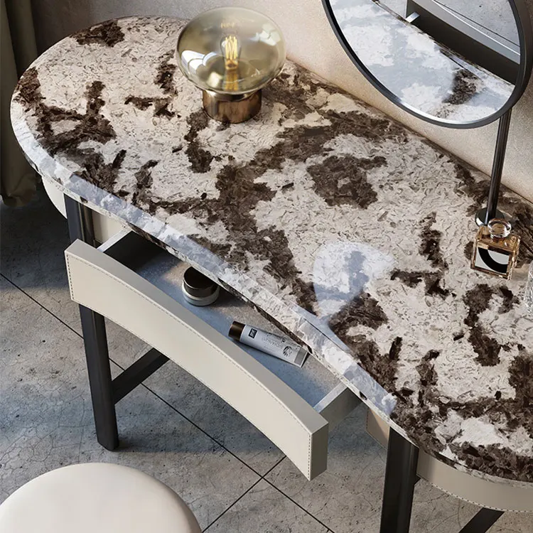 Mirrored Makeup Table Marble Top Dresser Table Bedroom Furniture Dressing Table with Walnut Solid Wood Led