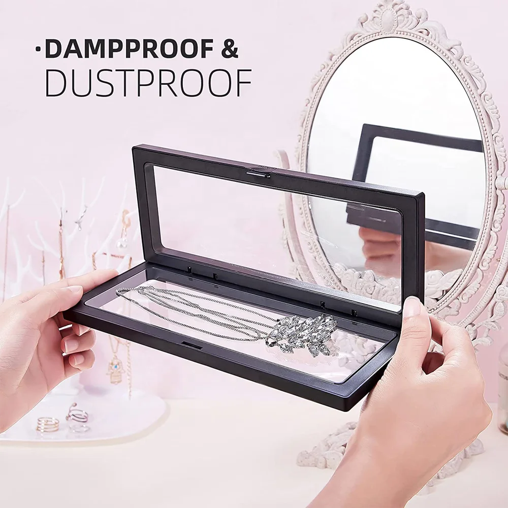 3D Transparent Floating Display Frame Holder Stands Jewelry Necklace Ring Bracelet Coin Suspended Black Gift Packaging Box case