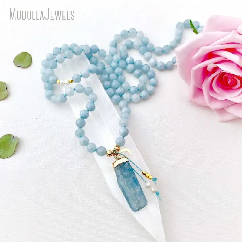 MN34509 Truth Goddess Mala Aquamarine Kayanite Guru Crystal 108 Mala Prayer Beads Mala Necklace Meditation Necklace Yoga Gift