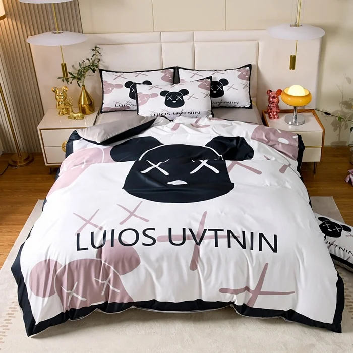 New Stylish Bear Washed Silk Bed Sheet Set Bedding Sheet Quilt Cover 4 pcs Bedding Set