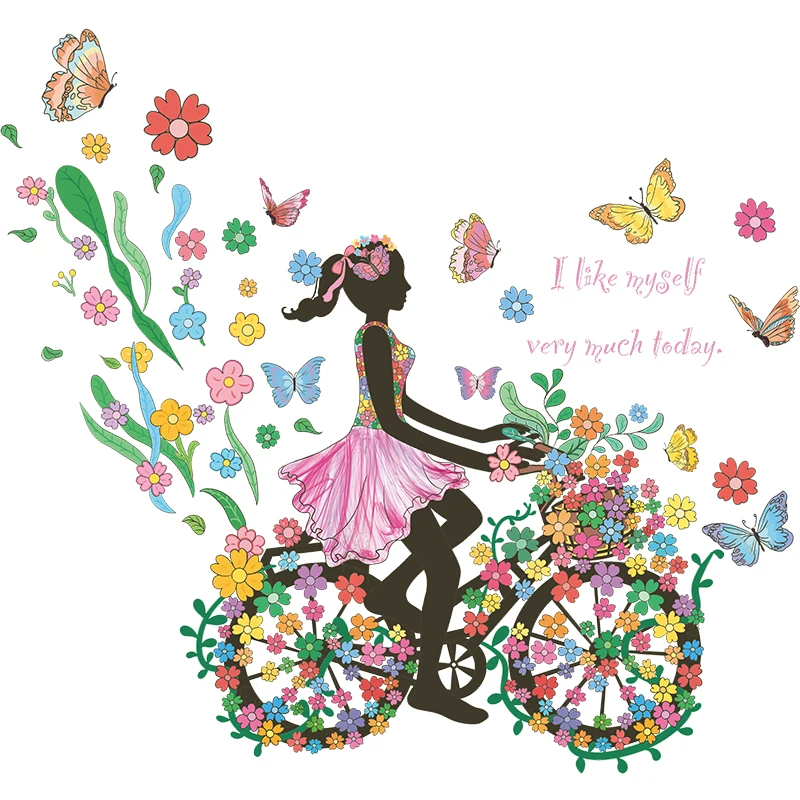 Cartoon butterfly flower bicycle girl bedroom bedside home wall decoration wall sticker self-adhesive