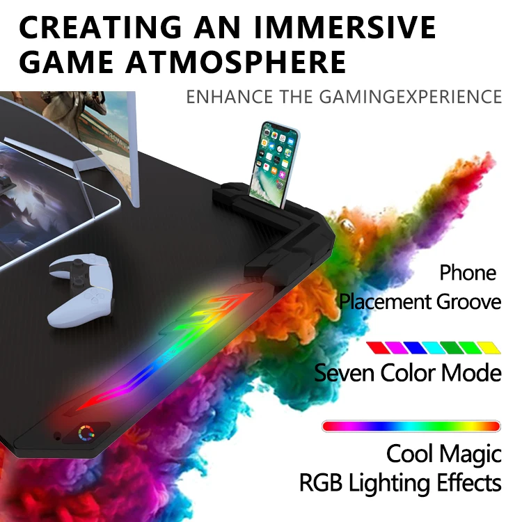 Home Height Adjustable Gaming Office Desk Black E-sports Pc Stand Up Desk With LED Light Computer Electric Standing Gamer Desk