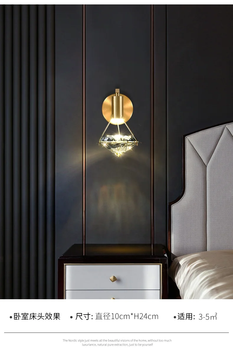  Crystal Wall Sconce Brushed Brass Lighting Fixture LED Dimmable K9 Lamp Beside Night Stand