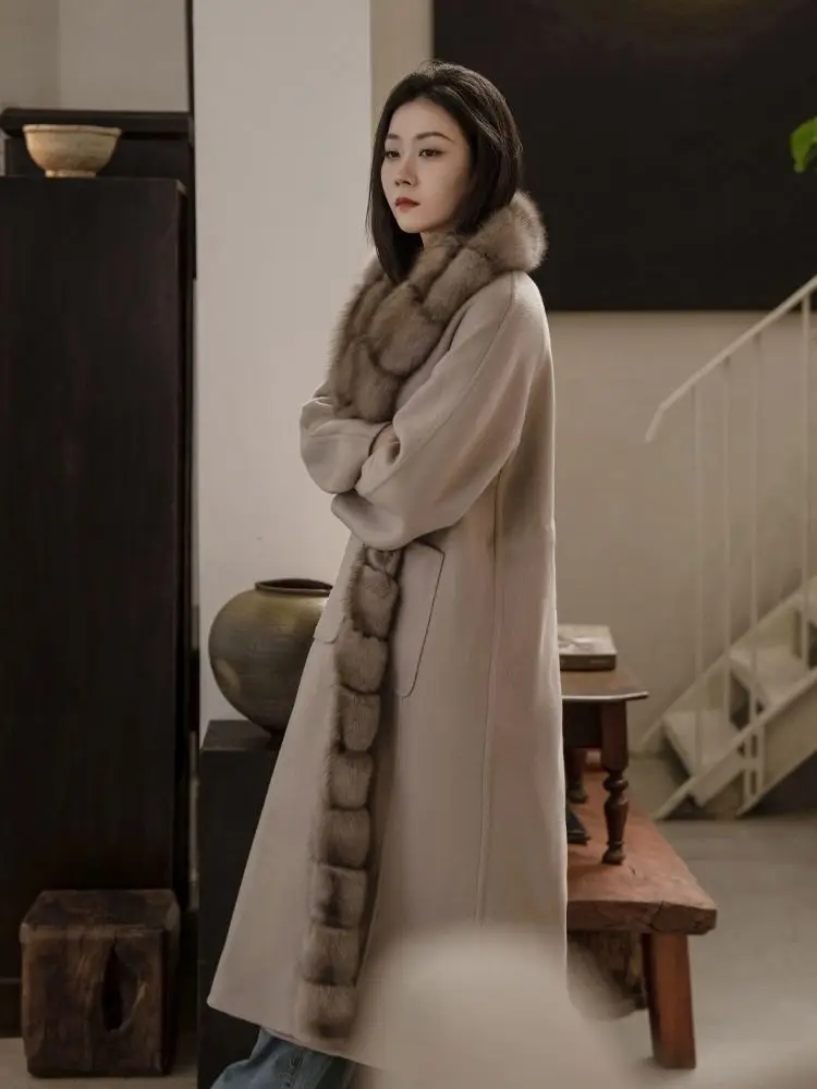 Factory Custom Fashion Luxurious Winter Lady Real Mink Fur Wool And Cashmere Double Sided Fur Coat
