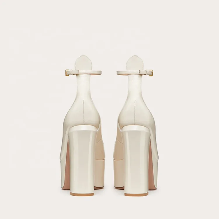 Custom Manufacturer New Design Ladies Square Toe Ankle Strap Shoes Pu Chunky Heel Customized Luxury Women Beige Platform Pumps