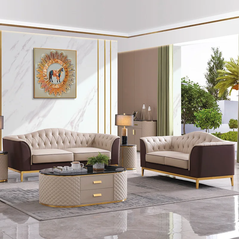 Nordic Chesterfield sofa modern light luxury villa white leather sofa combination luxury home furniture (1600447304619)