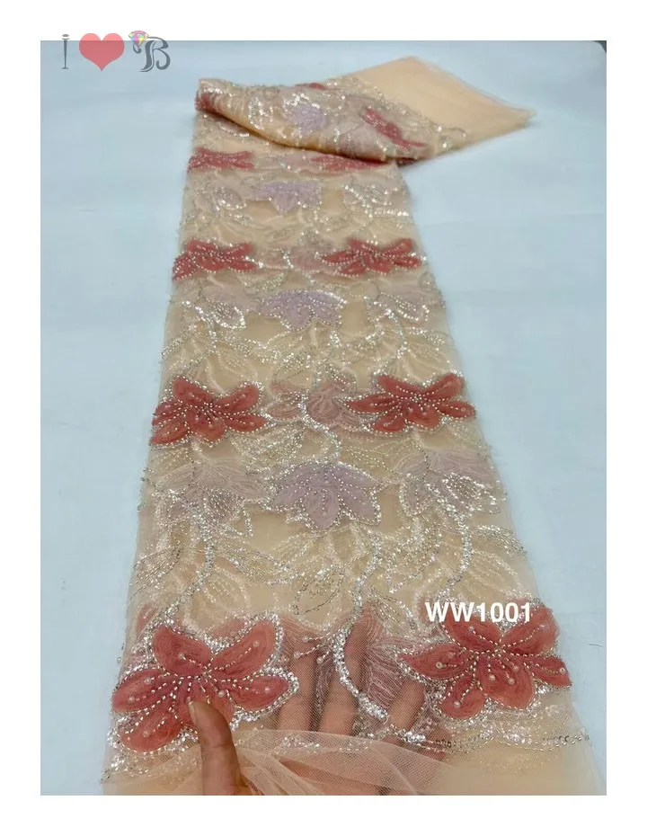 hot selling uniquely designed ribbon embroidery with beads french tulle lace fabric