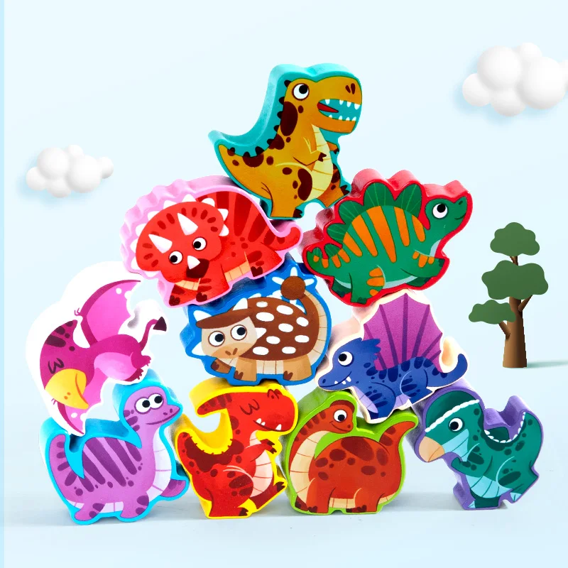 Best-selling wooden 3D Dinosaur balance block toys Montessori Six theme stack heights Building Block Sets For children kids CE