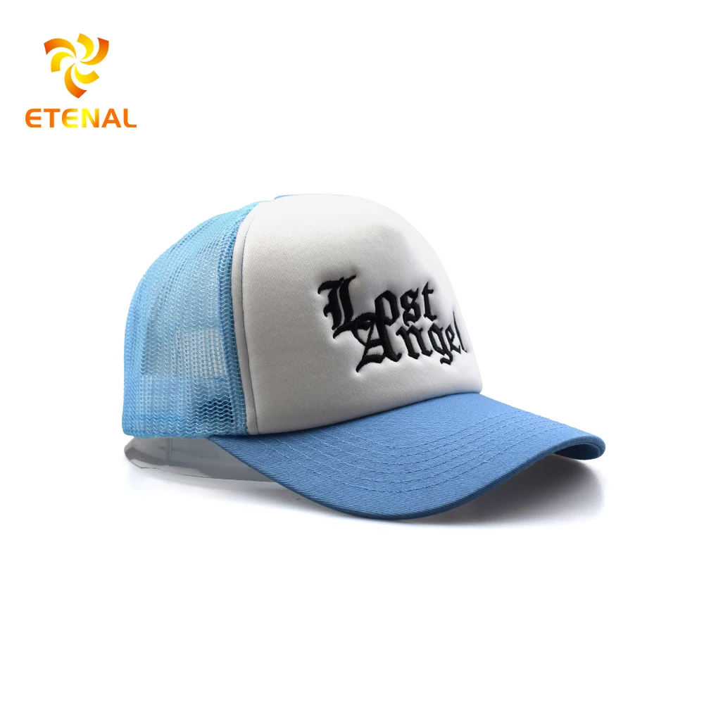 OEM ODM Hat Factory Wholesale Custom Embroidered Logo Mesh Cap Blue White Two Tones Foam Trucker Hats
