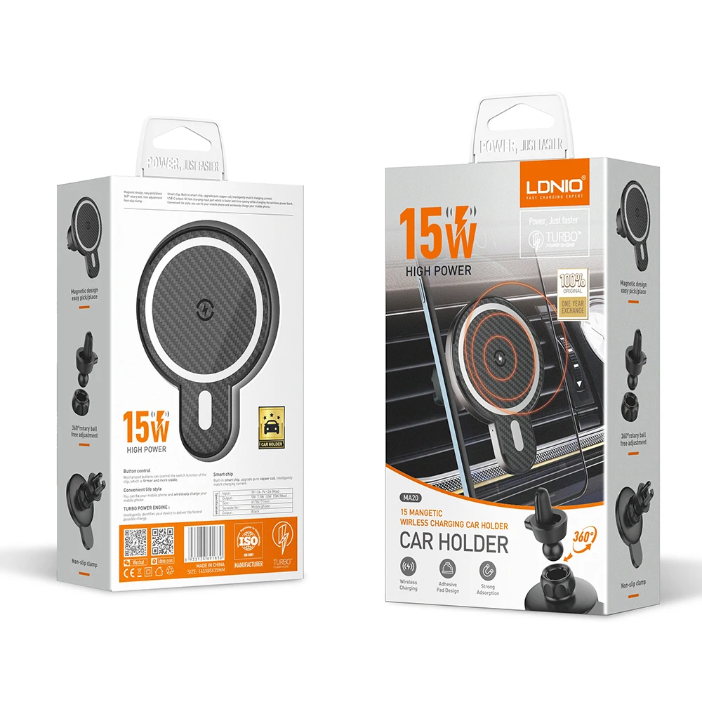 LDNIO New Product 15W Wireless Charger Qi Magnetic Clamping Fast Charging Wireless Charger Cell Car Phone Holder