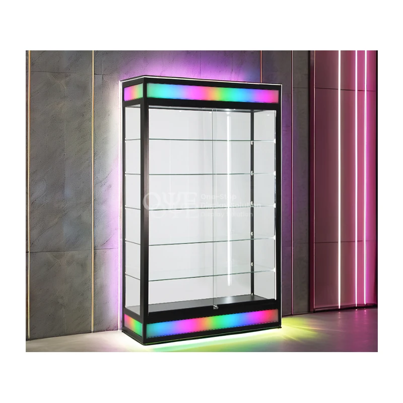 Customized Toughened Glass Showcase with Bottom Colorful Led Light Smoke Shop Product LED Showcase